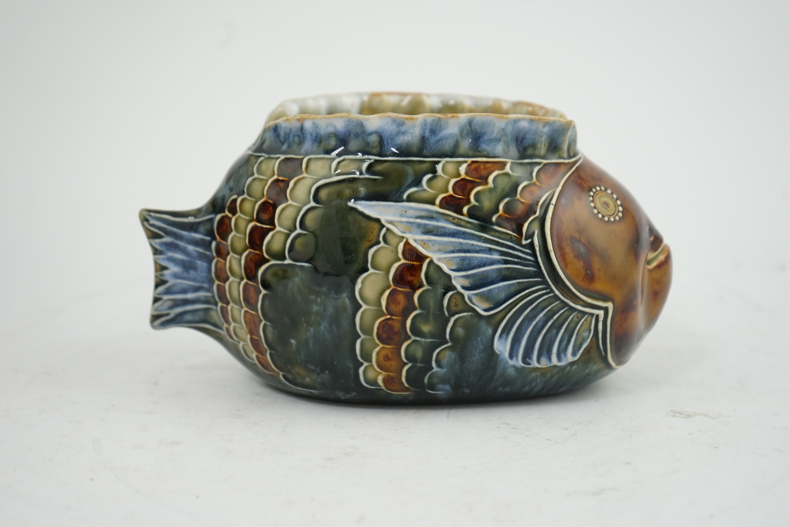 A Doulton Lambeth stoneware bowl, decorated by Mark V. Marshall, modelled as a fish